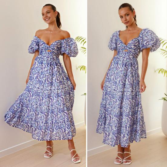 Women Evening Dress Bubble Sleeves Low-cut Off Shoulder Colorful Print A-line Big Hem Patchwork Hollow Out Pleated