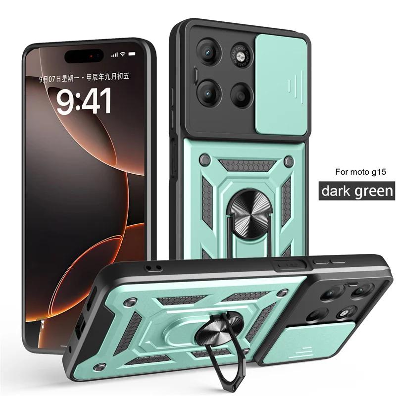 Бронированный чехол для Motorola G15 G05 G35 G45 G55 G75 G85 Edge 50 Fusion 5G с выдвижной защитой камеры, кольцом-держателем, противоударный чехол, Fundas