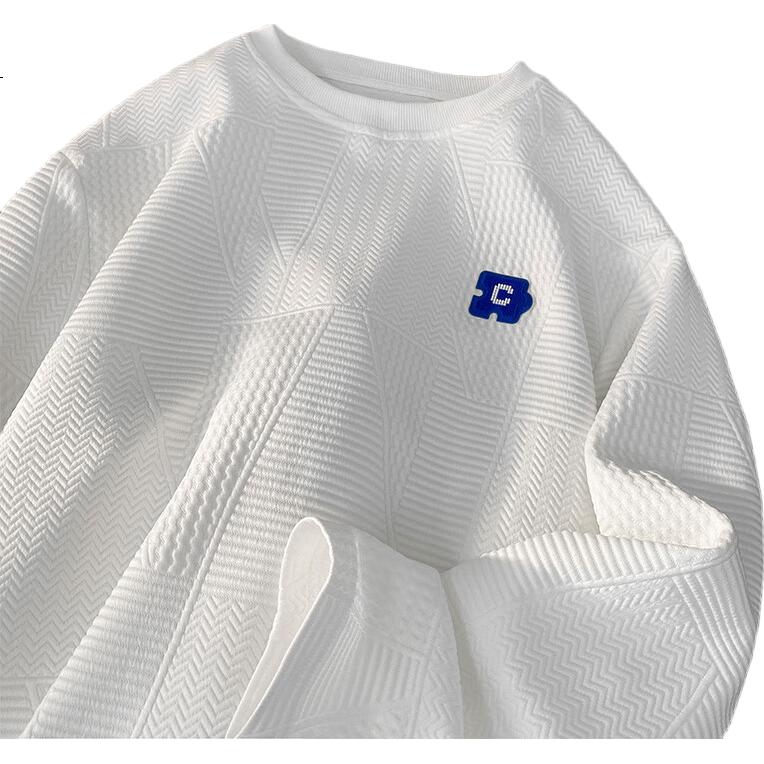 Dingfengbaoluo Port Style Long Sleeve T-Shirt Men Autumn Lazy Letter Embroidery Crew Neck Loose Casual Top 02JR White 5XL