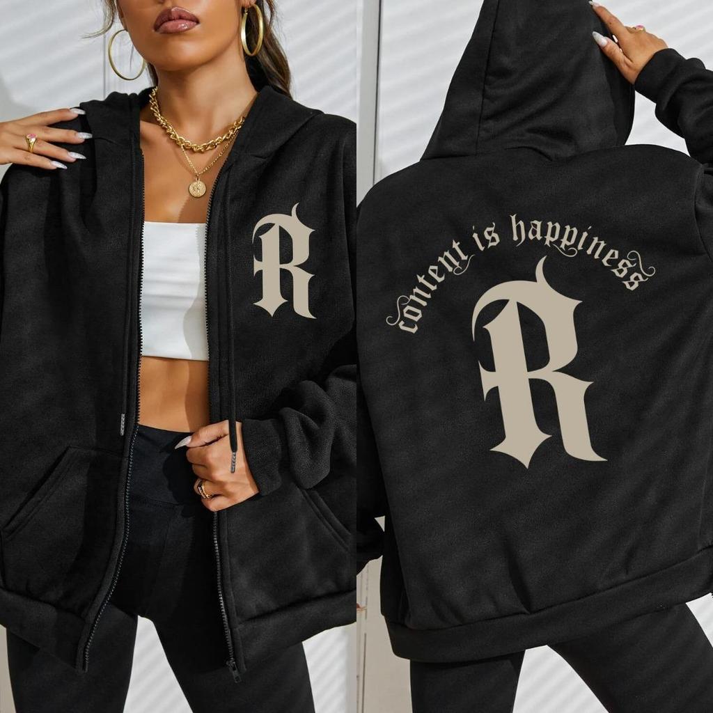 Контент - это счастье Толстовка с капюшоном на молнии с узором в виде буквы R Женская модная повседневная толстовка Свободная многоцветная худи Одежда