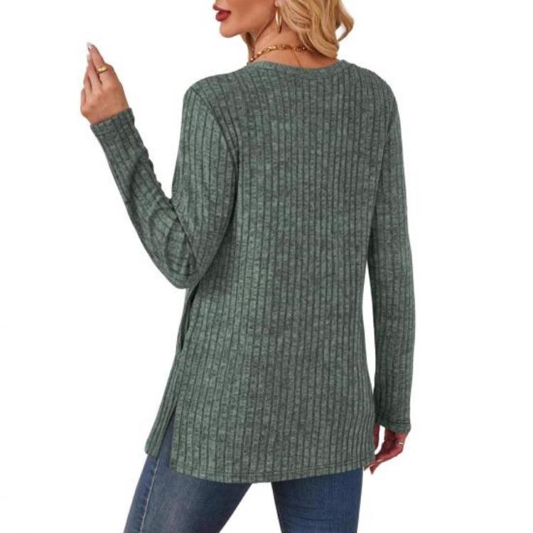 Women's Pullovers & Long Sleeves - Women Long Sleeve Knit Tops Casual Solid Color Striped Blouse with Side Pocket