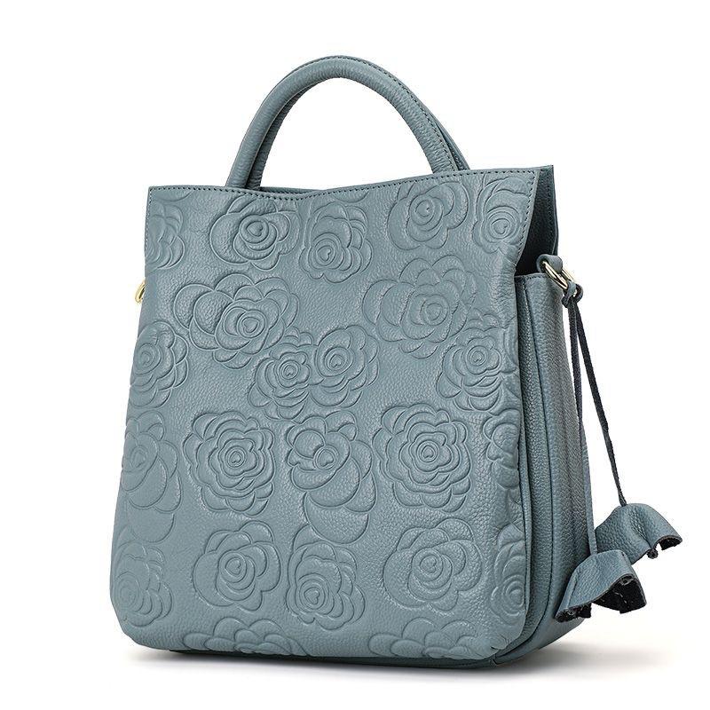Genuine Cow Leather Women Large Tote Bag Camellia Pattern New Fashion Multiway Shoulder Crossbody Handbag