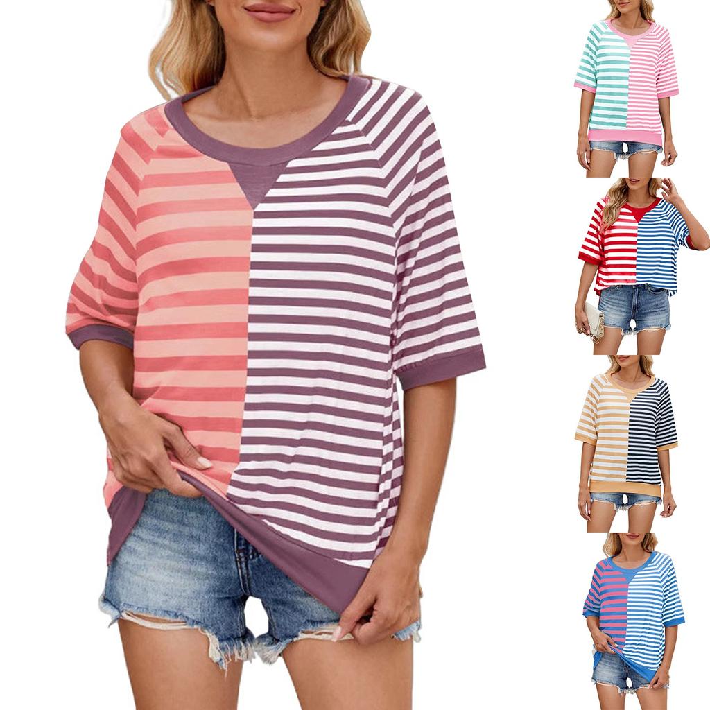 Women's Striped Colorblock Round Neck Loose Short-sleeved Pullover Top