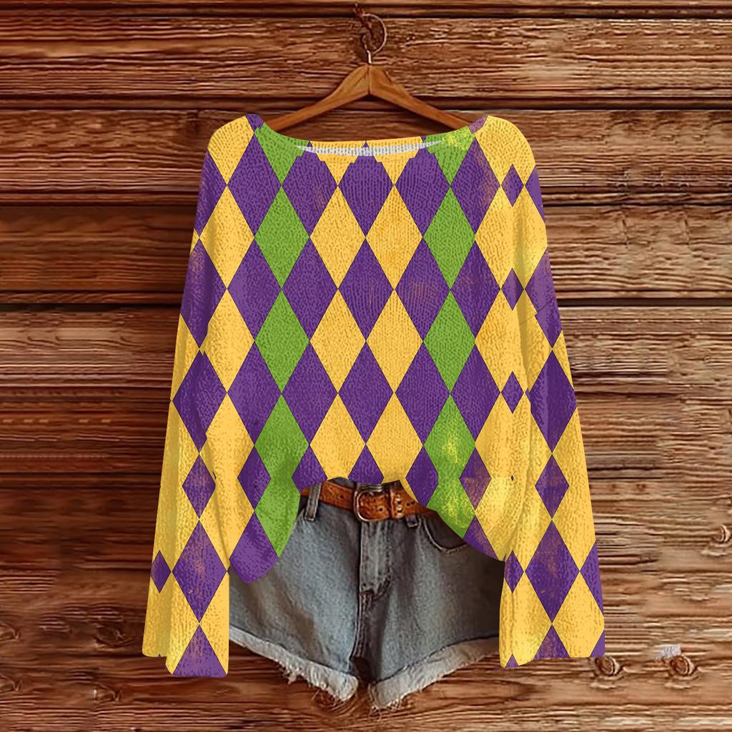 Women's Casual Fashion Round Neck Top Carnival Print Long Sleeve Knit Pullover