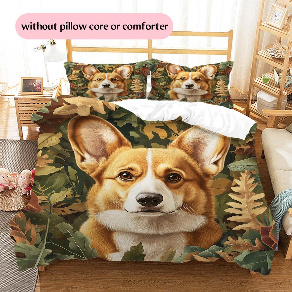 Corgi and plants Pattern Bedding Home Decoration Birthday Gift (1 * duvet cover + 2 * pillowcase, without core)
