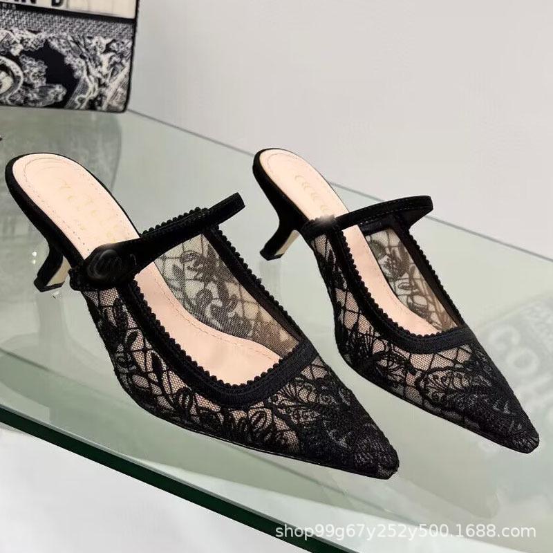 D2024 Весенние кружевные сетчатые туфли на плоской подошве с острым носком: Сандалии с ремешком сзади в стиле феи для женщин