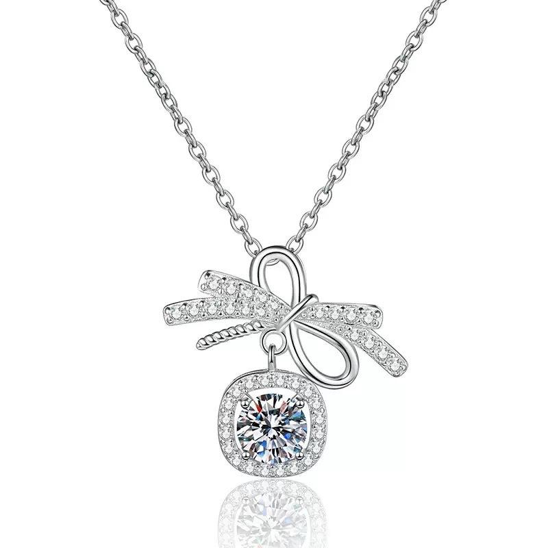 Yiyuan Bow Necklace for Women, Sterling Silver Plated Copper, 41-50cm Chain, Square Bow Pendant