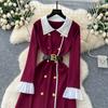 Autumn Winter Women Elegant Turn-down Collar Double Breasted Knitted Sweater Office Work Long Midi Dresses with Belt