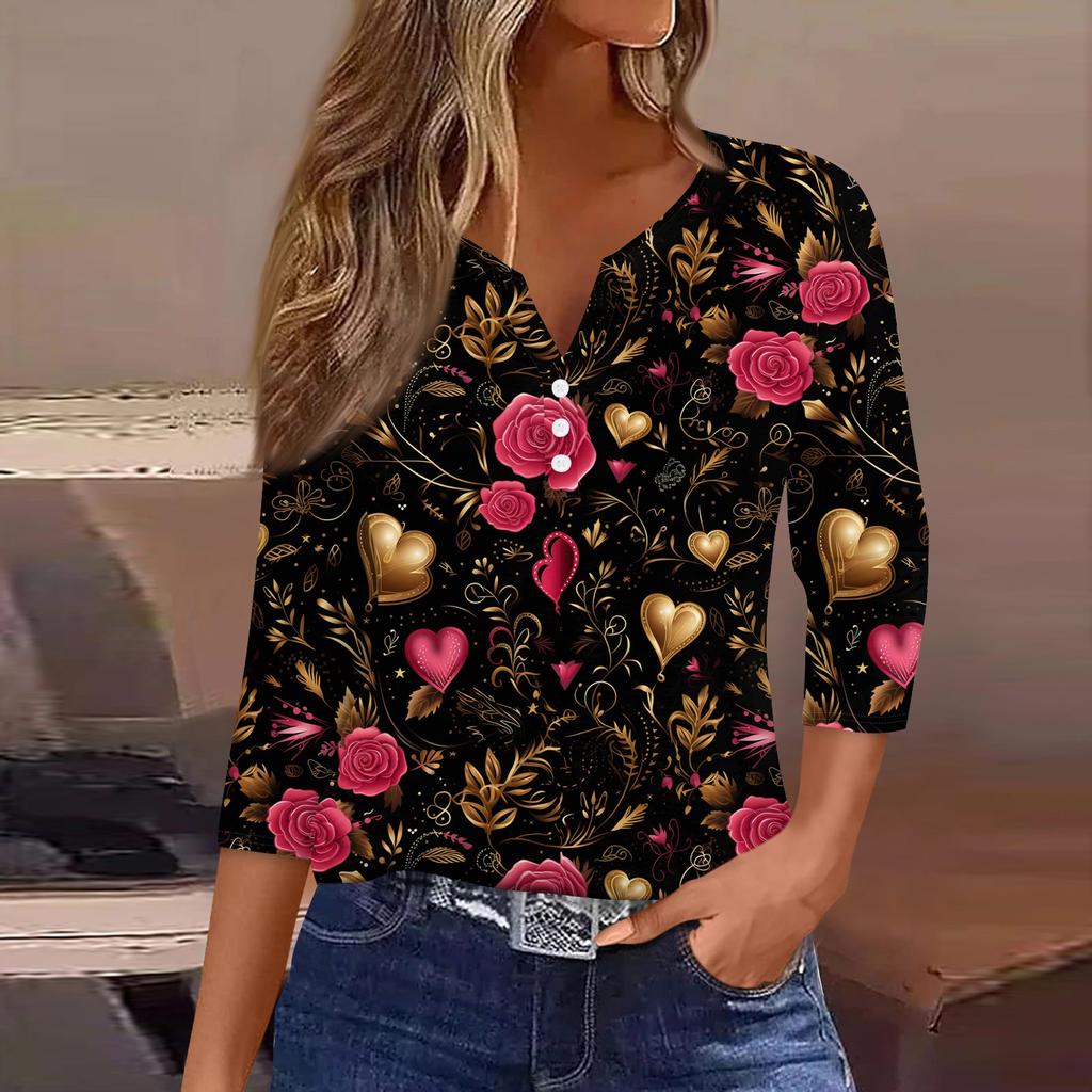 Женский повседневный универсальный топ с V-образным вырезом и рукавом три четверти на пуговицах с принтом ко Дню святого Валентина