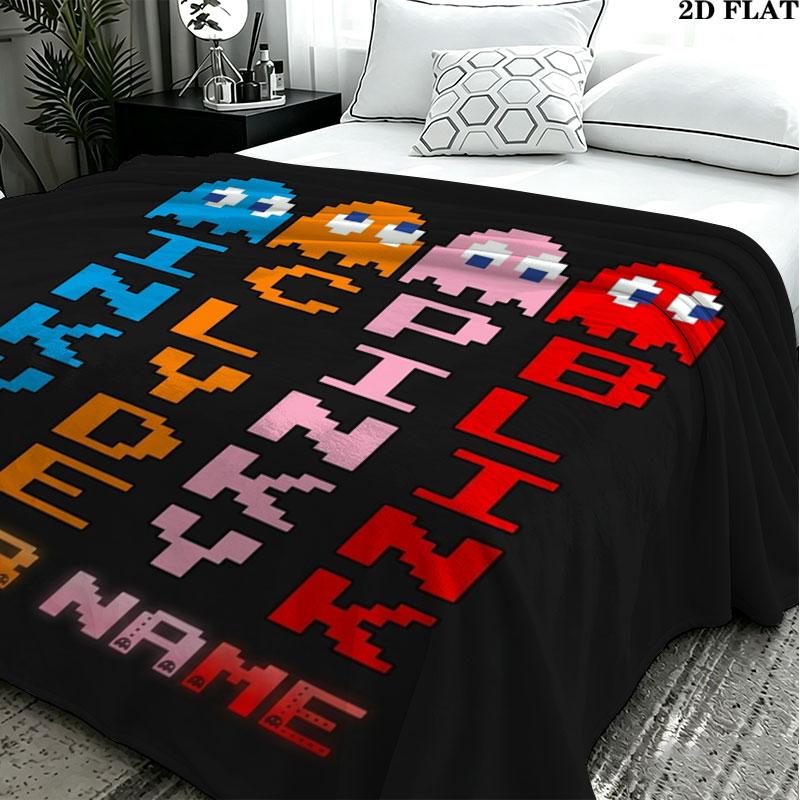1PC Pac-Man Custom Name Patterned Flannel Blanket Suitable For All Seasons for Home Decor Warmth and Comfort Gifts Holiday Present