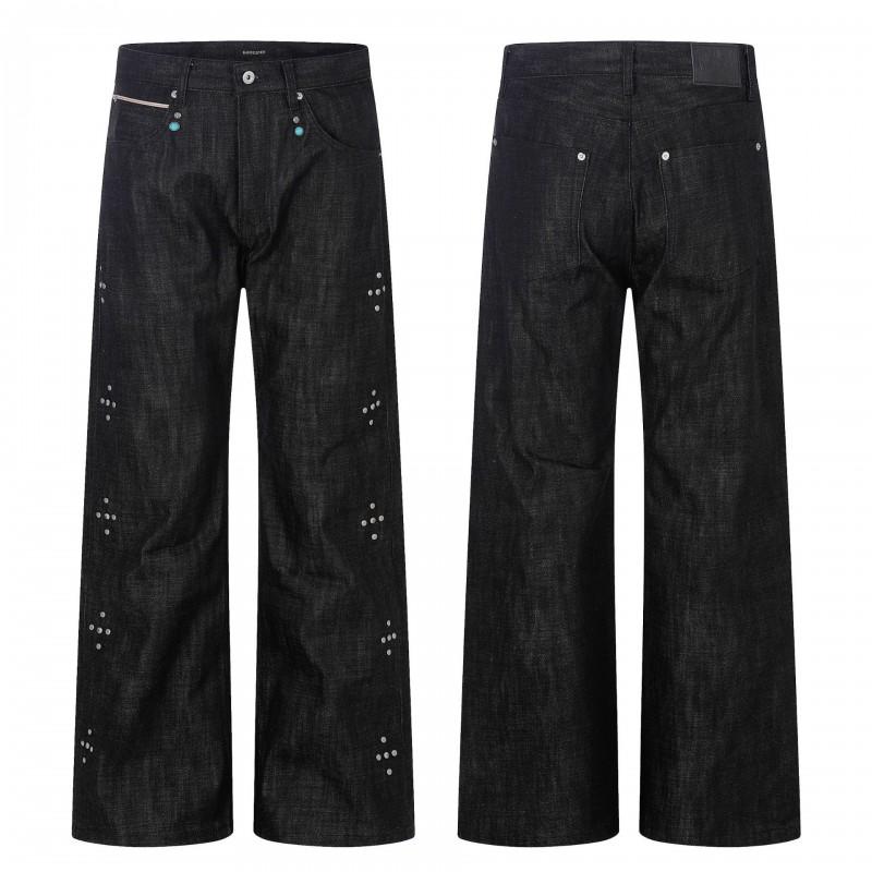 Unisex Vintage Raw Edge Black Denim Jeans Straight Wide Leg With Rivets Turquoise Accents