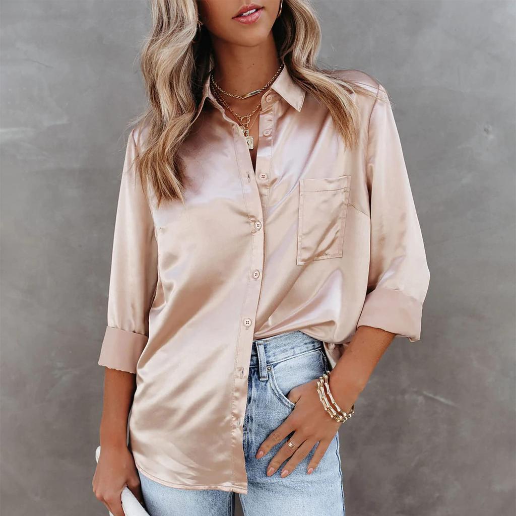 Women's Loose Fashion Shirts Solid Color Band Collar Long Sleeve Shirts Slim Tops