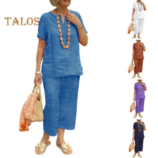 2Pcs Short Sleeve Blouse Pants Set for Women Loose Top Wide Leg Pants Sets Solid Tracksuit Outfit Summer Casual Matching Outfit for Home Office Party