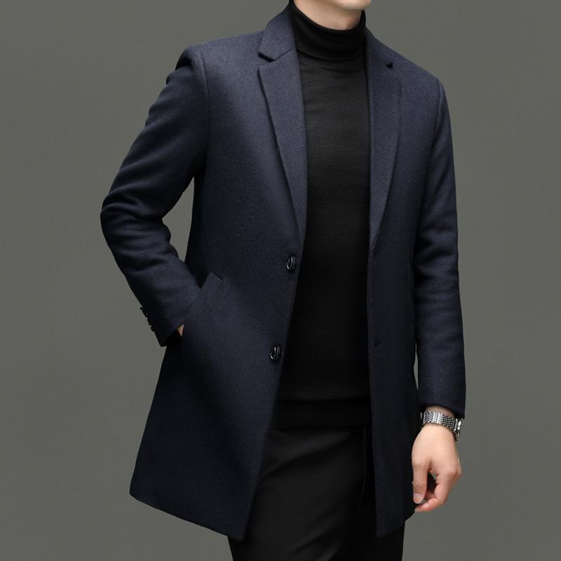 Осенне-зимнее мужское шерстяное пальто в стиле business casual, однотонное, средней и большой длины, с воротником-стойкой, двустороннее