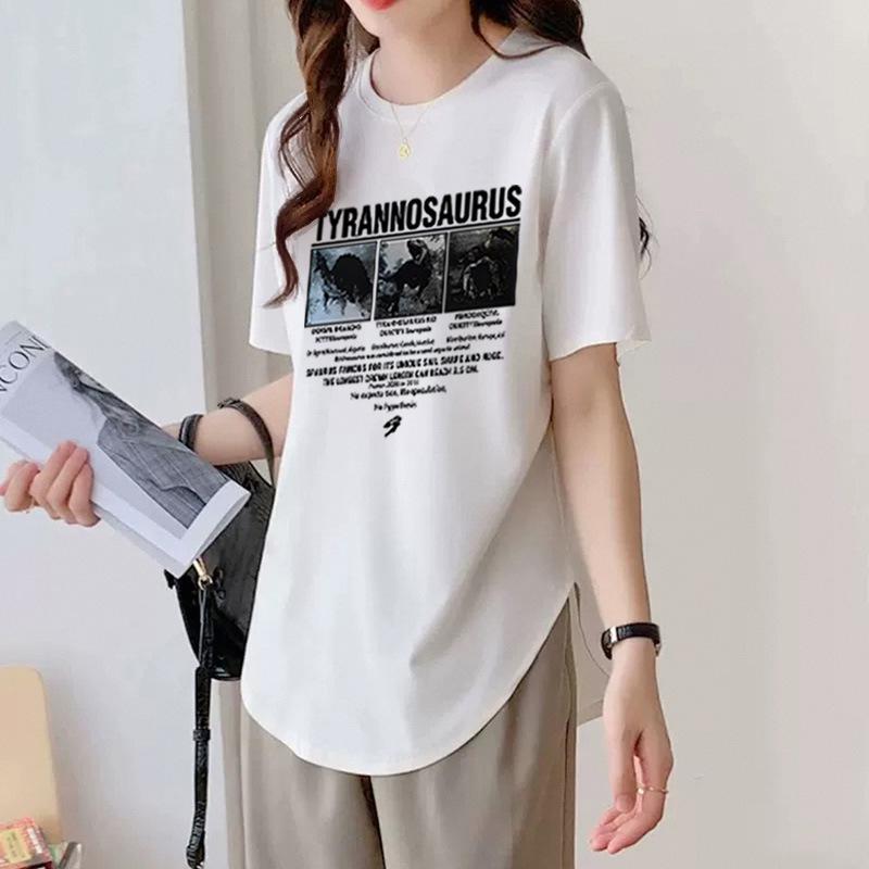 Футболка из хлопка с короткими рукавами и неровным закругленным подолом для женщин на лето, свободная облегающая футболка средней длины, универсальный топ