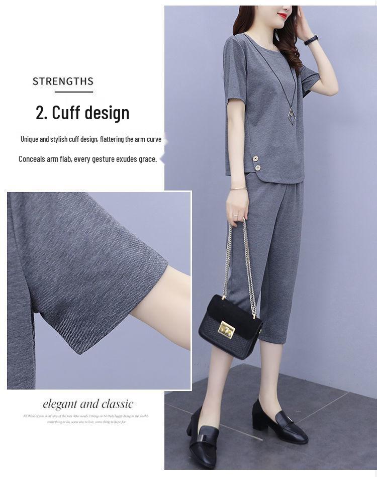 Модный женский летний костюм-двойка больших размеров: Футболка с коротким рукавом и укороченные брюки