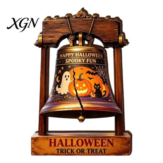 Halloween Theme Gifts Vintage Wooden Bell Decor, Rustic Farmhouse Shelf Sitter with Showcase Ornaments Metal Wood Stand, Tabletop Centerpiece