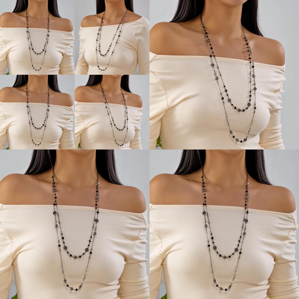 Trendy Double Chain Floral Pendant Necklace For Women Long Layered Summer Accessory