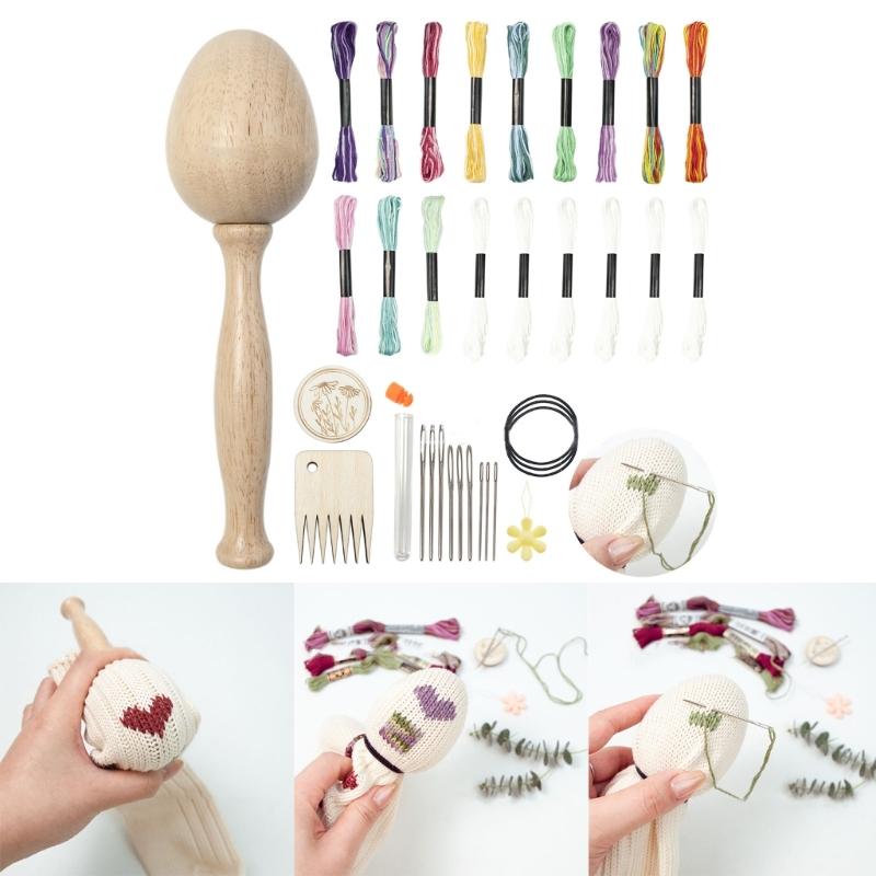 Darning Egg Wood Sewing Tool and Thread Needle Kits Patch Holes Repair for Socks Hats Pant Sweaters DIY Crafts