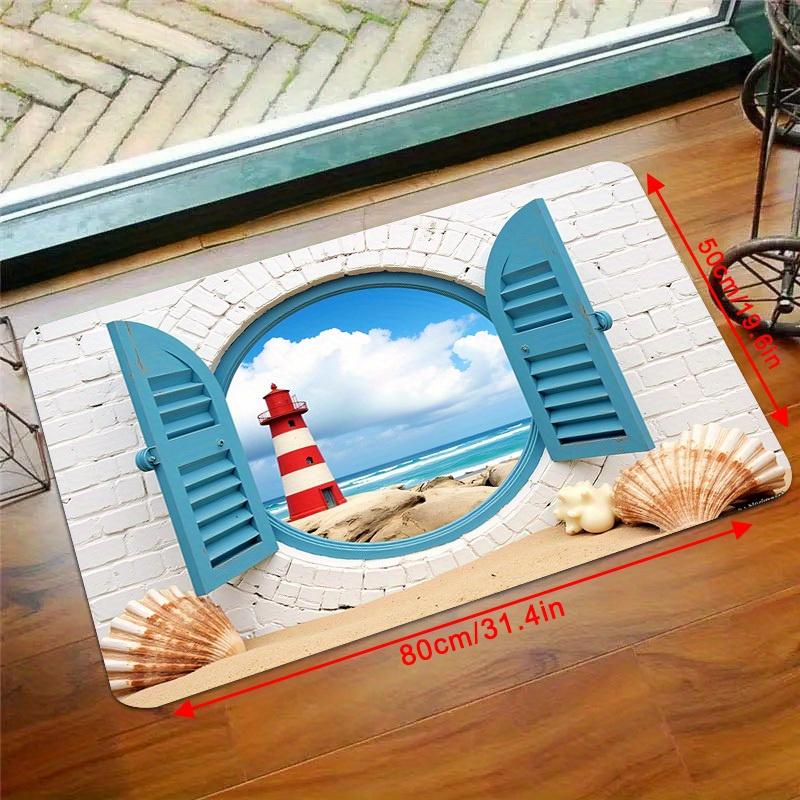 2D Flat Lighthouse Ocean View Flannel Door Mat Non Slip Coastal Decor Entryway Rug for Beach House Bathroom Kitchen Home