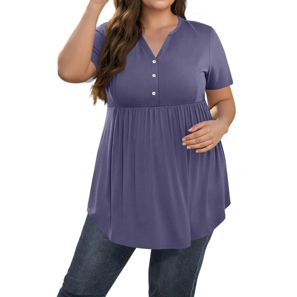 Women's Solid Color Large Size V Neck Button-Up Top Casual Short Sleeve Flowy Top