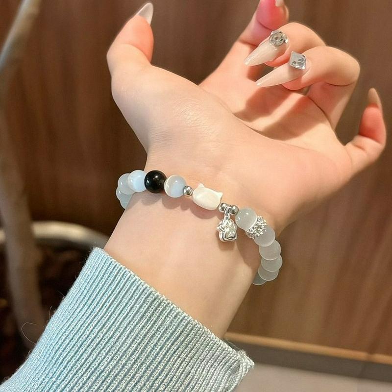 Handmade 8mm Bracelet, Silver Obsidian & Cat's Eye with Shell & Cat Pendant, Fresh Sweet New Chinese Ethnic Couple Jewelry, Travel Souvenir