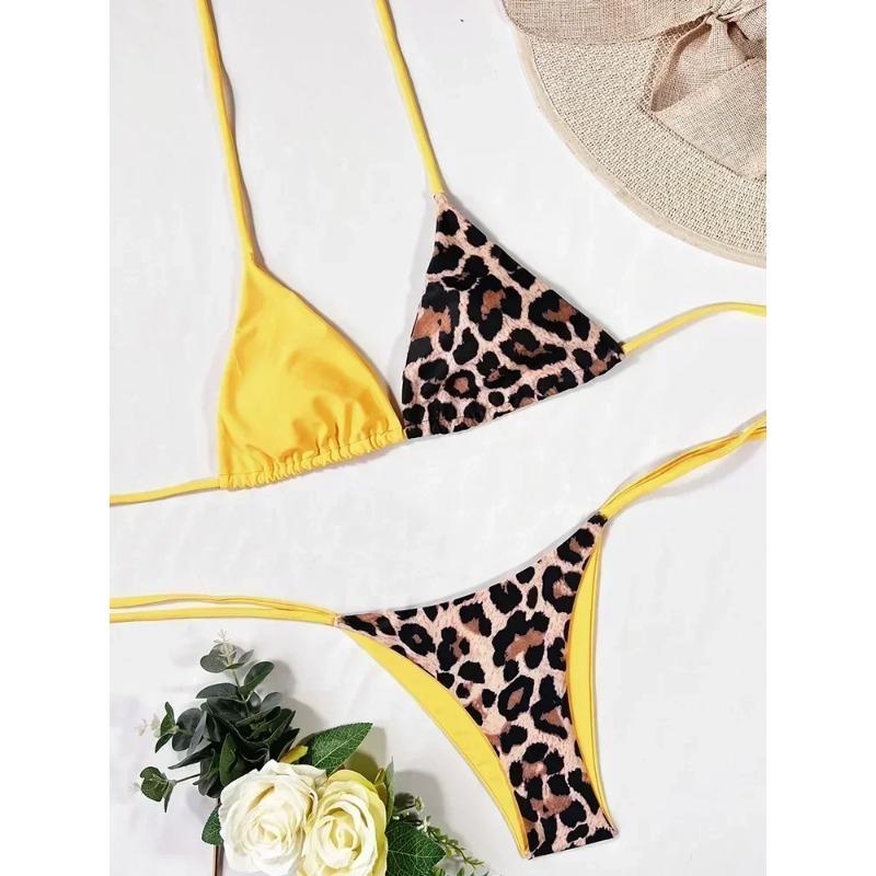 Бикини с леопардовым принтом и бретельками через шею 2025 года, мини-микробикини, женский купальник, женский купальник, комплект бикини из двух частей, купальный костюм, плавание