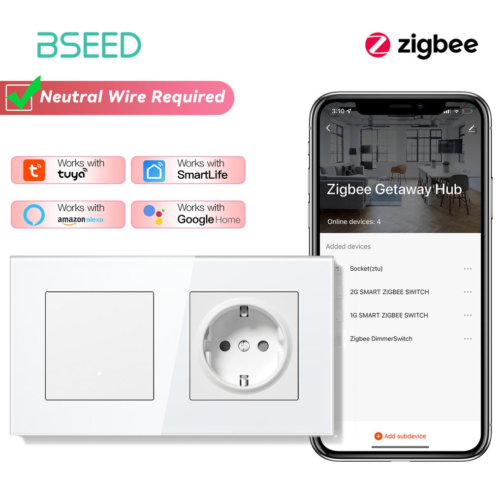 BSEED ZigBee Выключатели Настенные Умные Щелчковые Выключатели Света Желтая Подсветка Стеклянная Рамка Приложение Tuya Выключатель EU Настенные Розетки с USB