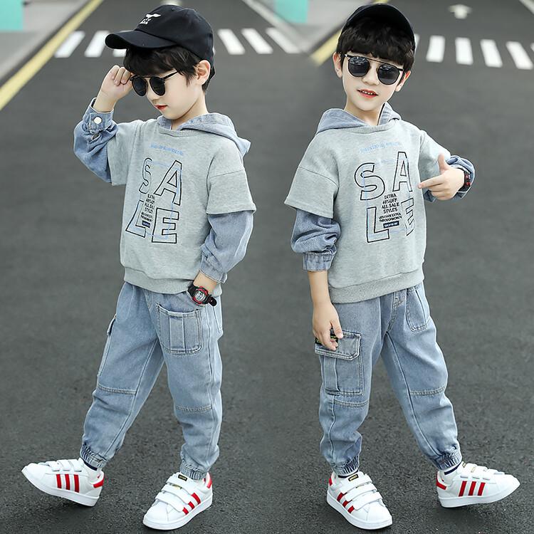 2022 Spring & Autumn Hooded Denim Suit for Boys: Stylish Two-Piece Outfit for Children