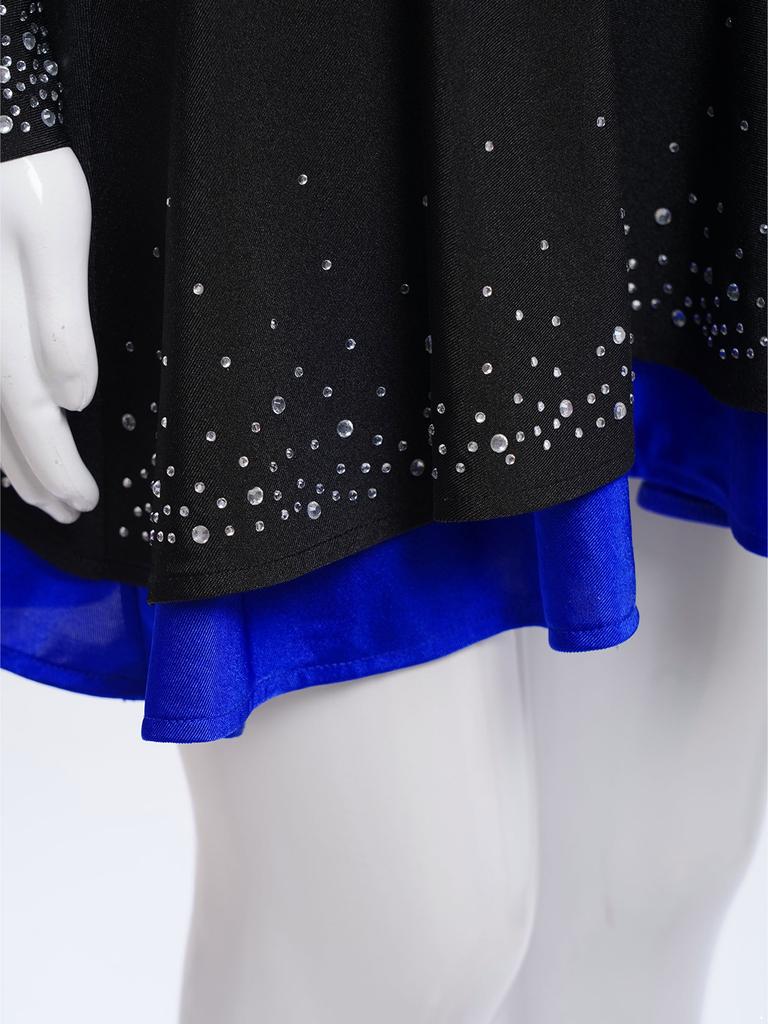 Girls Stage Performance Costume Long Sleeve Letter Print Shiny Rhinestones Color Block Cheerleading Set