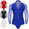 Mens Latin Dance Leotard Lapel Collar Sheer Mesh Patchwork Long Sleeve Sparkly Rhinestone Bodysuit Tango Costume