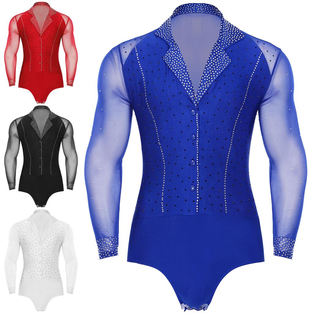 Mens Latin Dance Leotard Lapel Collar Sheer Mesh Patchwork Long Sleeve Sparkly Rhinestone Bodysuit Tango Costume