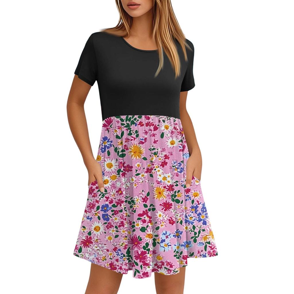 Женские модные повседневные свободные платья с круглым вырезом и коротким рукавом с принтом и карманами