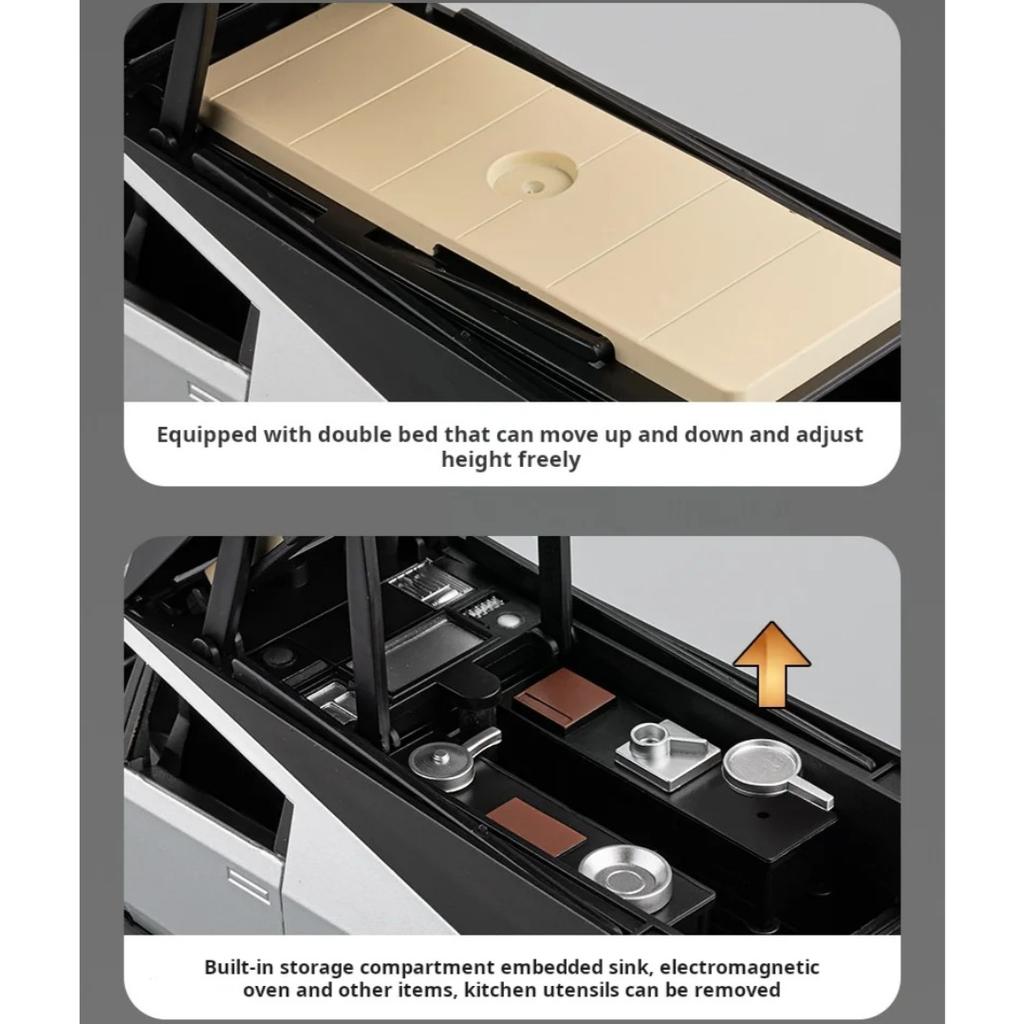 Масштаб 1/24 Пикап Tesla Кемпинг Автодом Модель автомобиля Литой металл Игрушечные транспортные средства Модель автомобиля Звук Свет Коллекция Детская игрушка Подарок