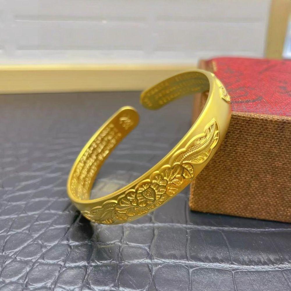 Позолоченный широкий открытый браслет-бенгл с пионом и Сердечной сутрой для женщин