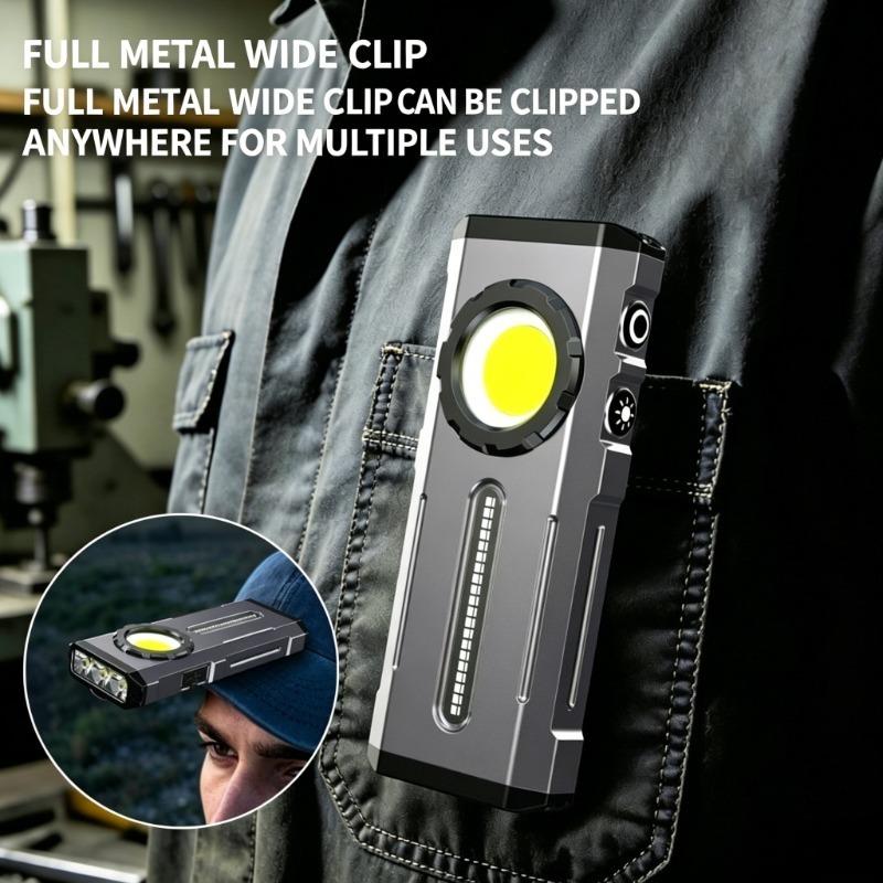 COB Work Light Type-C Rechargeable Flashlight with RGB Light Portable Hat Clip Lamp for Camping & Emergency