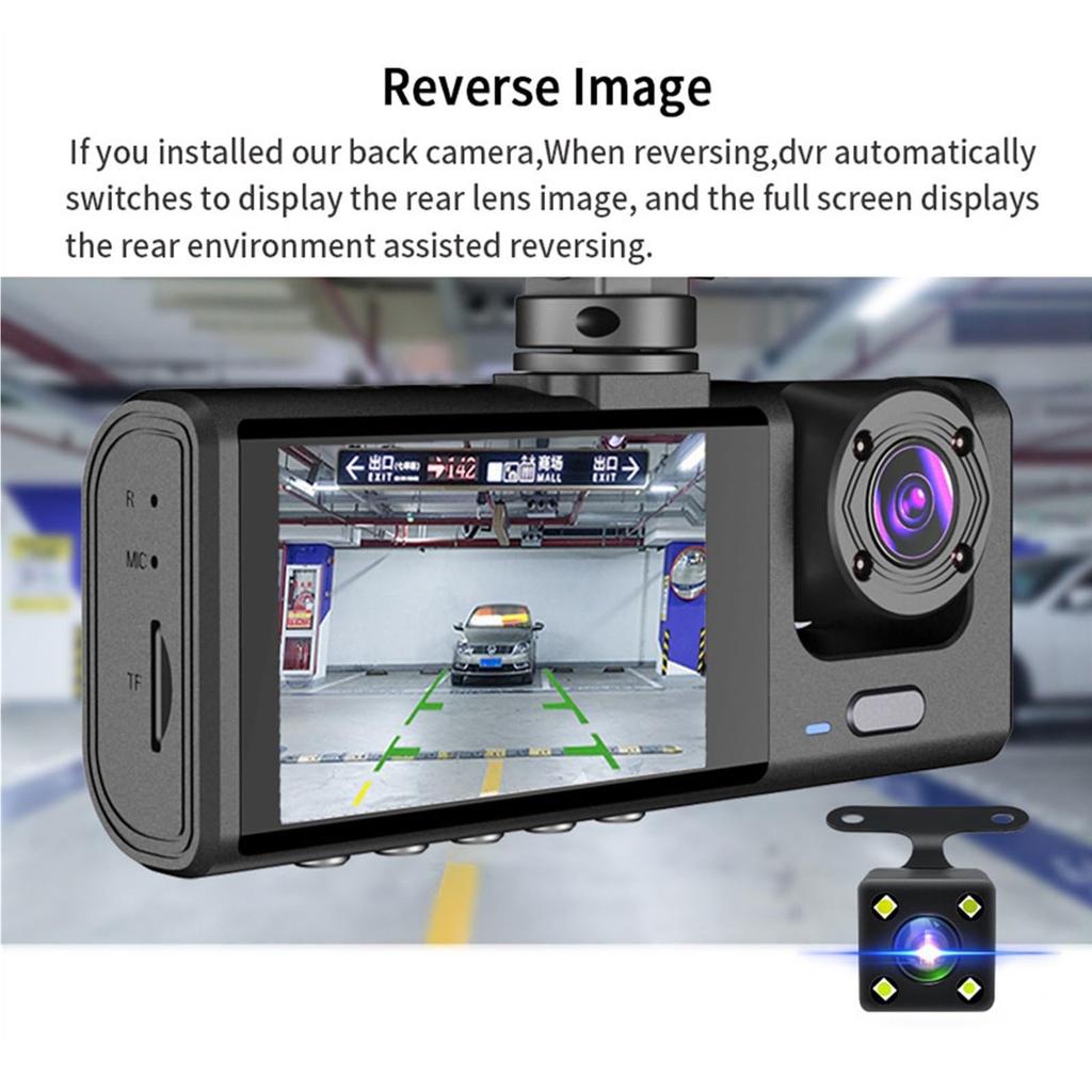 Видеорегистратор Передние и задние внутренние камеры, циклическая запись, реальные изображения, безопасность, 3 канала, четкий снимок, ночное видение, высокое разрешение, широкоугольный объектив