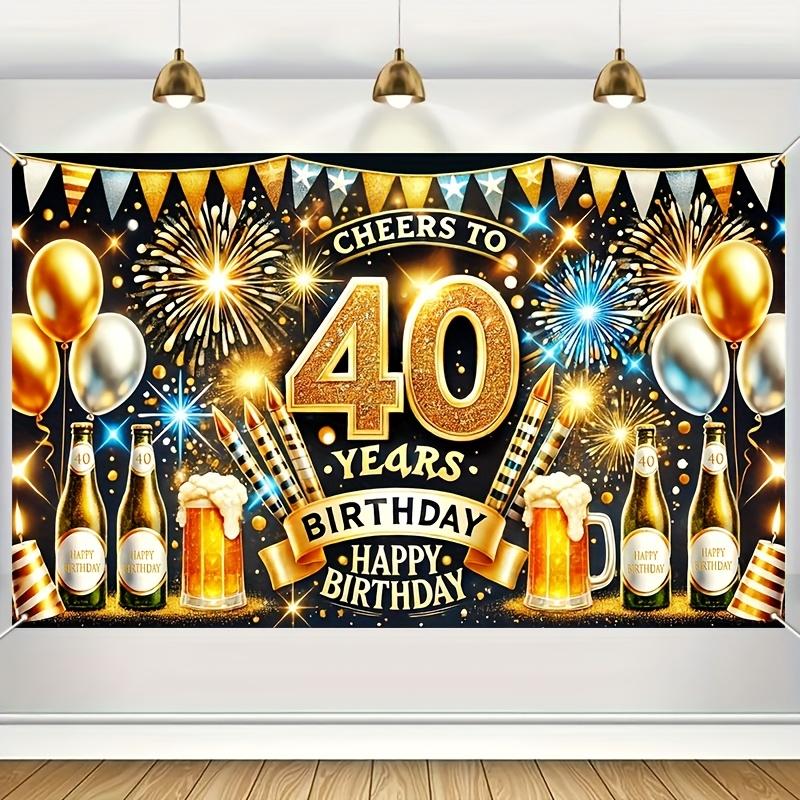 40th Birthday celebration banner - gold and silver balloons, beer, fireworks design - S