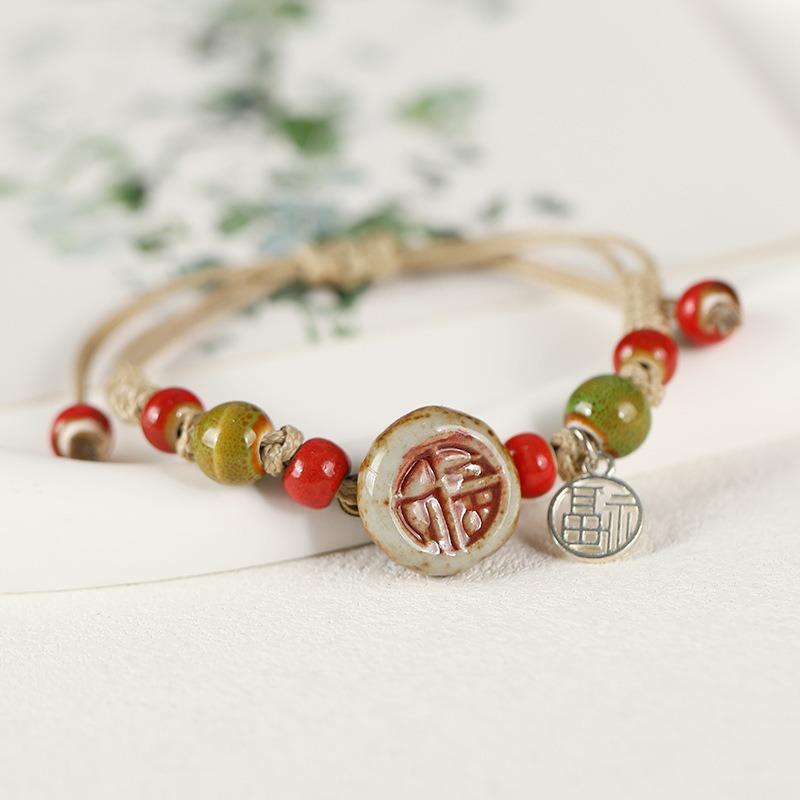 Retro Ceramic Flower Woven Bracelet Niche Literary Hand Rope Small Fresh Bell Bracelet Female