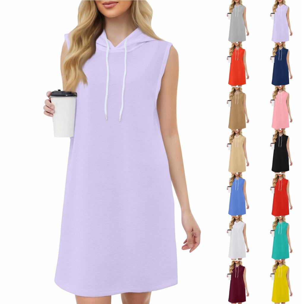 Women's Casual Fashion Round Neck Sleeveless Solid Color Hooded Drawstring Dress