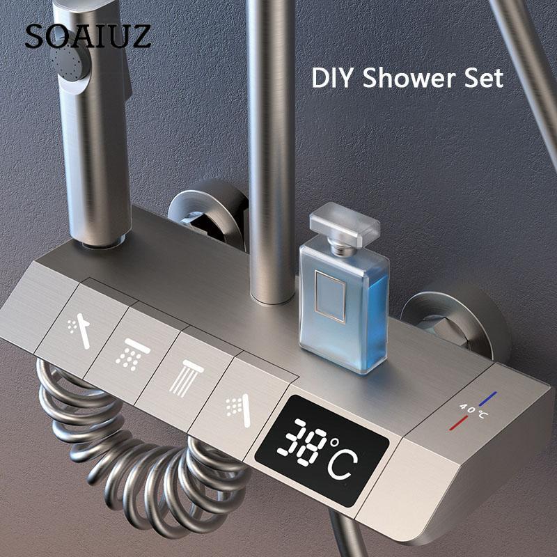 Черный цифровой смеситель для душа светодиодная душевая система настенное крепление для ванной комнаты кран с дождевой водой современные смесители