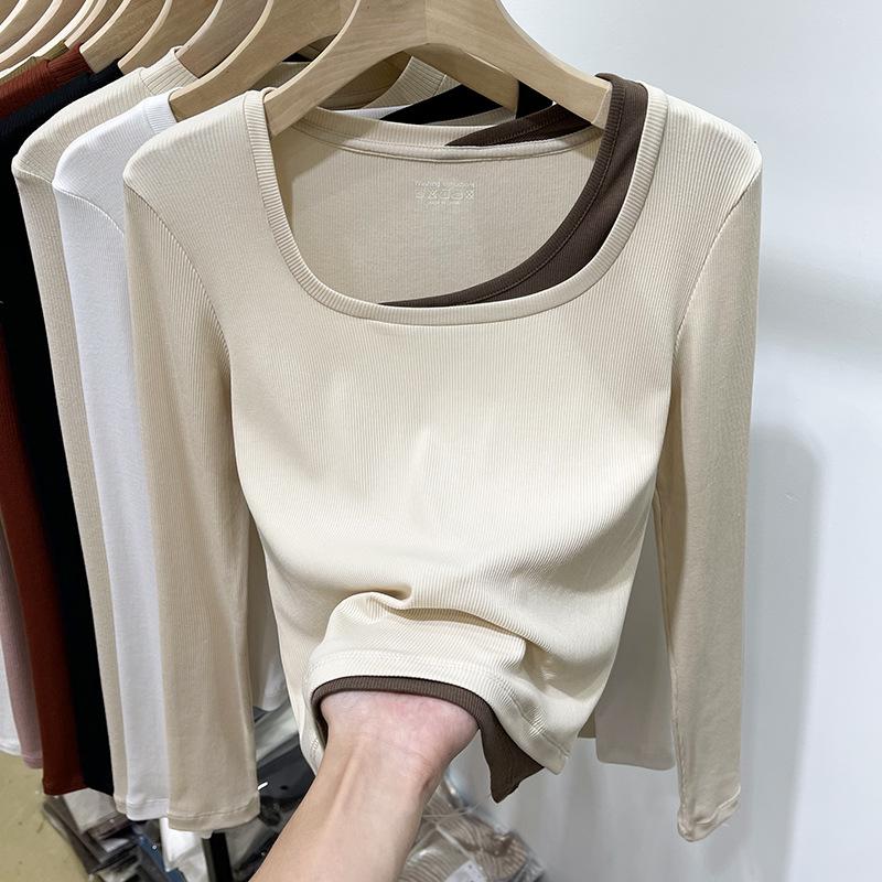 Футболка Niche Western контрастного цвета из двух частей с квадратным вырезом и длинными рукавами, короткая футболка для женщин в европейском стиле на осень и зиму