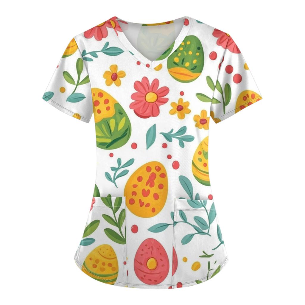 Женские модные комбинезоны с коротким рукавом и V-образным вырезом, с карманами, пасхальные топы с принтом, одежда