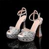 Fashion 14CM Style Rhinestone Sequined Peep Toe Women Gladiator Sandals Summer Elegant High Heels Crystal Wedding Banquet Bridal Shoes