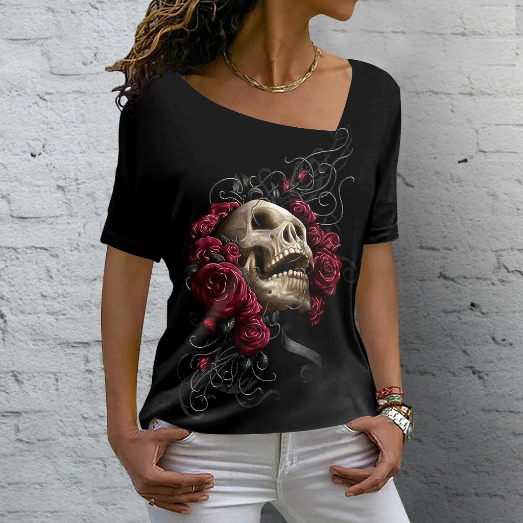 Винтажная женская футболка с черепом и 3D принтом, косой воротник, блузки, повседневный пуловер с короткими рукавами, топы, летняя одежда больших размеров, футболки