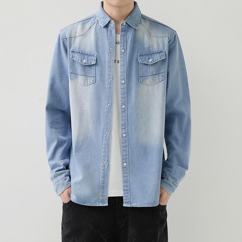 Весна/осень 2023 г. Мужская облегающая джинсовая куртка-рубашка в корейском стиле с длинными рукавами