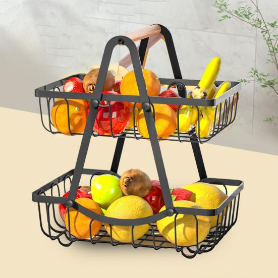 Двухслойная корзина для фруктов с деревянной ручкой, многофункциональная стойка для хранения, органайзер для столешницы, прочная металлическая подставка для фруктов