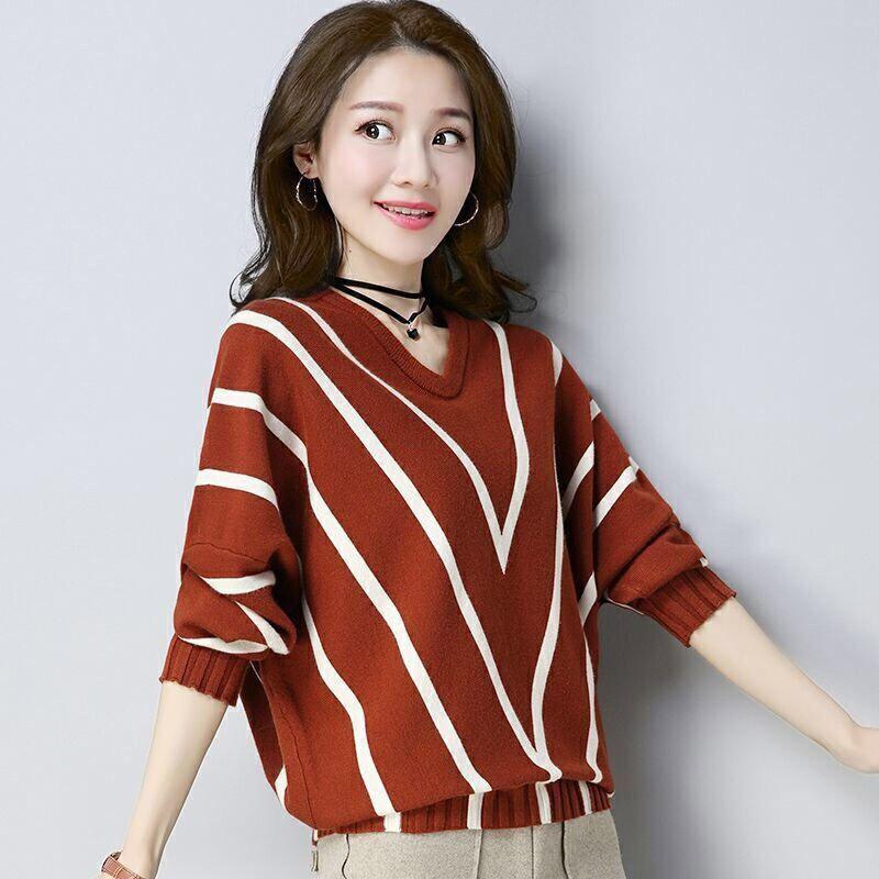 Autumn Bat Shirt Sweater Women's Pullover Loose Korean Style Striped Top Outer Wear Knitted Bottoming Shirt
