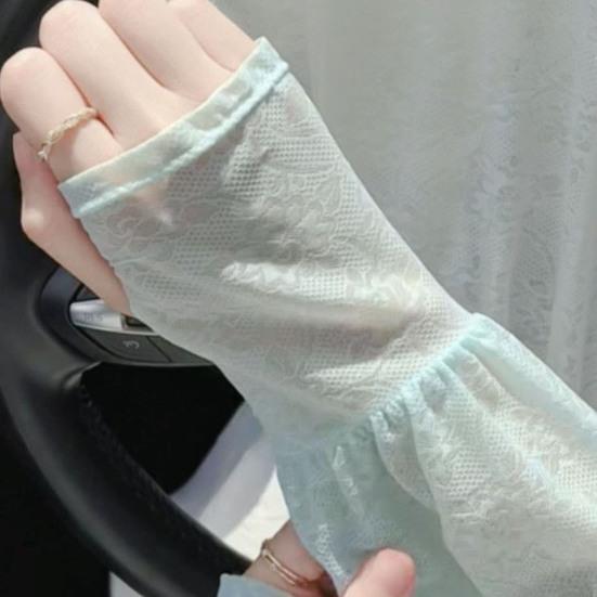 Summer Lace Arm Sleeves for Women UV Sun Protection Fingerless Long Gloves Floral Lace Sunscreen Sleeve for Driving Cycling