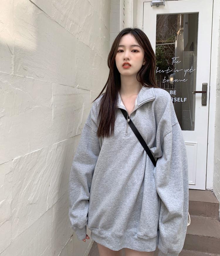 Повседневные толстовки большого размера, женские корейские корейские поло с воротником-поло, серые однотонные пуловеры, осенняя уличная одежда